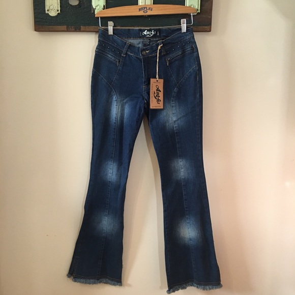 Angfu Studded and Flared Jeans with Fringe Hems Size 7 - Picture 2 of 13